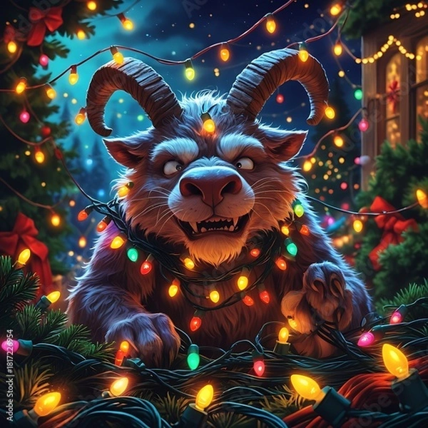 Obraz playful Krampus tangled in glowing Christmas lights, frustrated cute expression, vibrant holiday chaos illustration