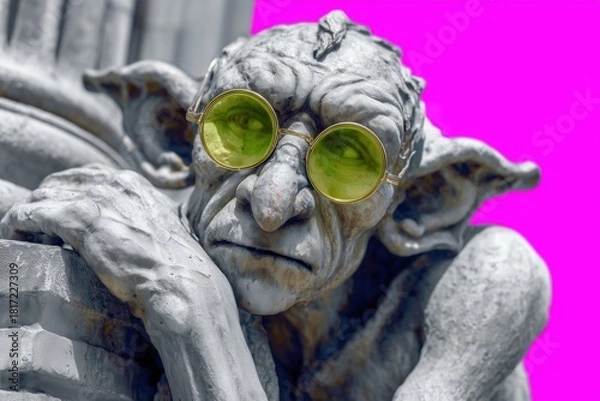 Fototapeta stone gargoyle with yellow glasses posing on bright pink background creating bold artistic scene in modern design
