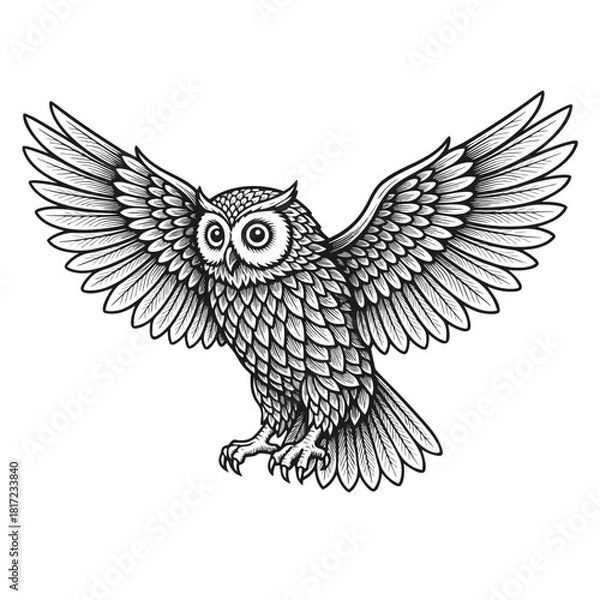 Fototapeta Detailed black and white illustration of an owl with spread wings, showcasing intricate feather patterns and a watchful gaze.