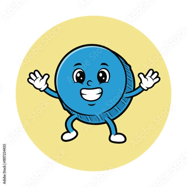 Fototapeta A cheerful blue cartoon hockey puck character with a smiling face and outstretched arms, standing on a yellow background, in a friendly pose.