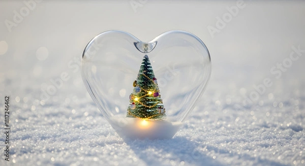 Fototapeta Transparent glass heart containing a small glowing Christmas tree inside, resting on sparkling snow.