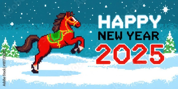 Obraz Pixel art arcade game level with a rearing red horse and text "Happy New Year 2025", starry night background. 8bit Retro game concept. Large Banner size. Chinese Animal of New Year. Year of horse.