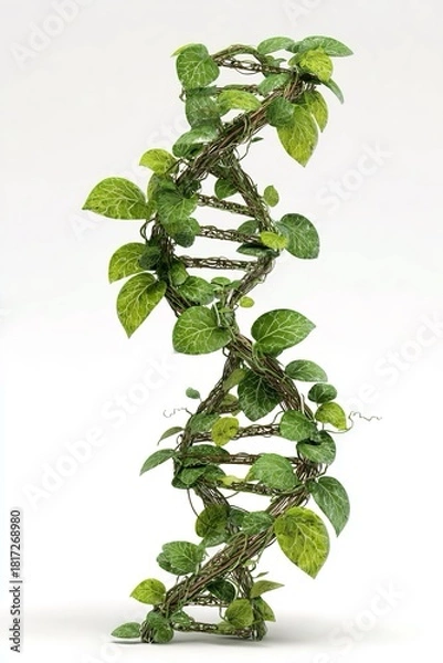 Fototapeta Doppia elica del DNA, realizzata interamente con elementi vegetali, come rami e foglie per indicare la fusione tra natura e scienza. Sfondo trasparente.