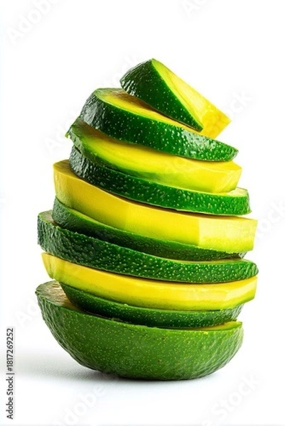 Fototapeta Fette di avocado disposte in una pila artistica, alternate per presentare sia la polpa verde che la buccia, contro un pulito sfondo bianco.