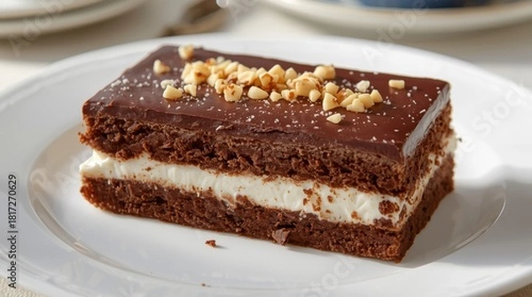 Obraz chocolate cake with nut topping and white cream.