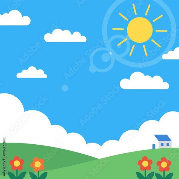 Fototapeta A bright blue sky dotted with clouds, rendered in anime style, features a shining sun and white fluffy clouds, creating a sunny, summer outdoor scene illustrated in cartoon vector form