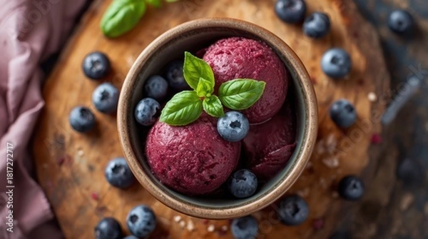 Obraz blueberry and wild berry sorbet with mint.