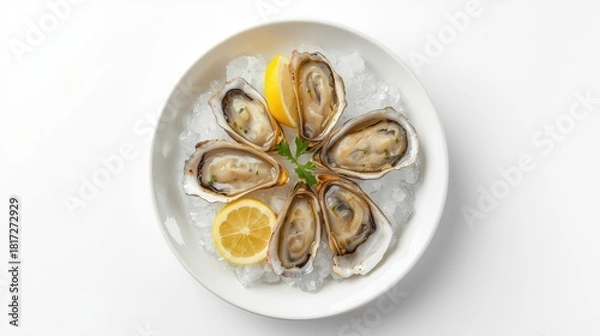 Obraz Oysters with lemon are laid out on a white plate.