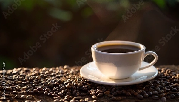 Obraz Dark Coffee In White Cup Rests On Roasted Coffee Beans Highlighting Rich Textures And Inviting Ambiance Ideal For Culinary And Beverage Related Visuals