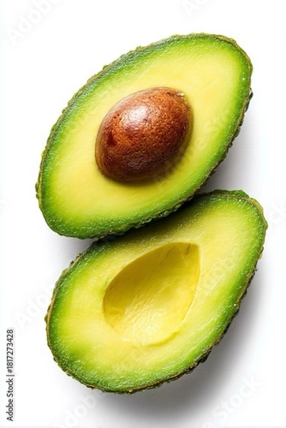 Obraz Avocado tagliato a metà mostra la polpa gialla e cremosa e il nocciolo marrone liscio e lucido. Isolata su sfondo bianco trasparente