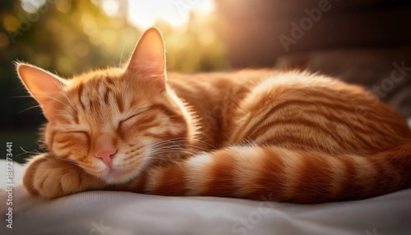 Fototapeta A Cute Orange Tabby Cat Peacefully Sleeping On Its Side With A Content Expression