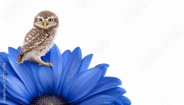 Fototapeta Tiny Owl Atop A Blue Flower On Transparent Background