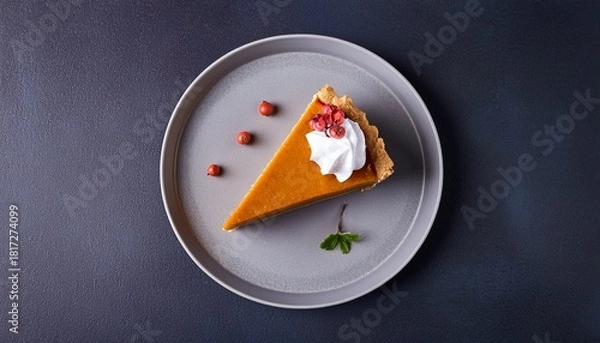 Obraz Overhead Shot Of A Slice Of Pumpkin Pie On A Gray Plate With Whipped Cream And A Berry On A Dark Background