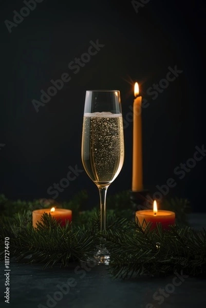 Obraz champagne and candles stand in the pine needles.