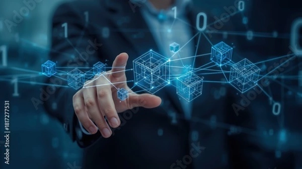 Obraz male hand selects a function on a holographic image