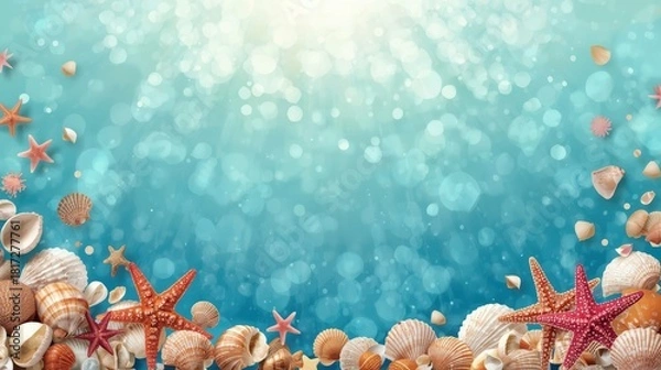 Obraz a blue background depicting the seabed with shells and starfish.