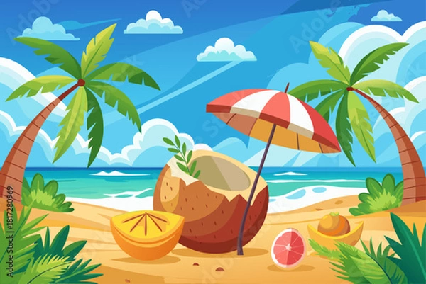 Fototapeta Creative minimal summer concept including tropical beach scene made with coconut fruit and small sun umbrella, playful holiday composition,