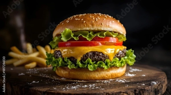 Obraz Cheeseburger with melted cheese, fresh lettuce, tomato, and grilled beef patty, perfect for food advertising, menus, and restaurant promotions.