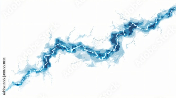 Fototapeta Bright blue lightning bolt strike isolated on white background