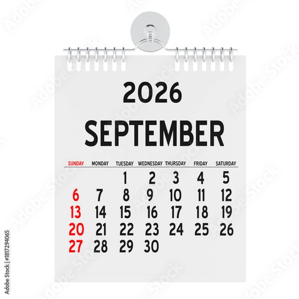 Fototapeta September 2026, wall calendar page. 3D rendering