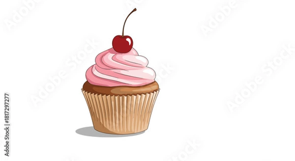 Fototapeta Realistic cartoon illustration of a delicious chocolate cupcake with pink frosting and a single red cherry on top isolated.