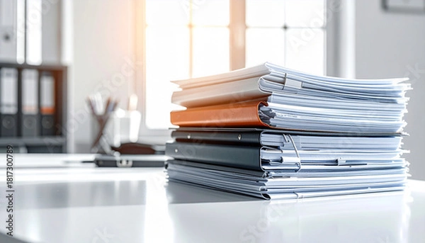 Obraz Stack of office documents with 70% left negative space. AI-generated.