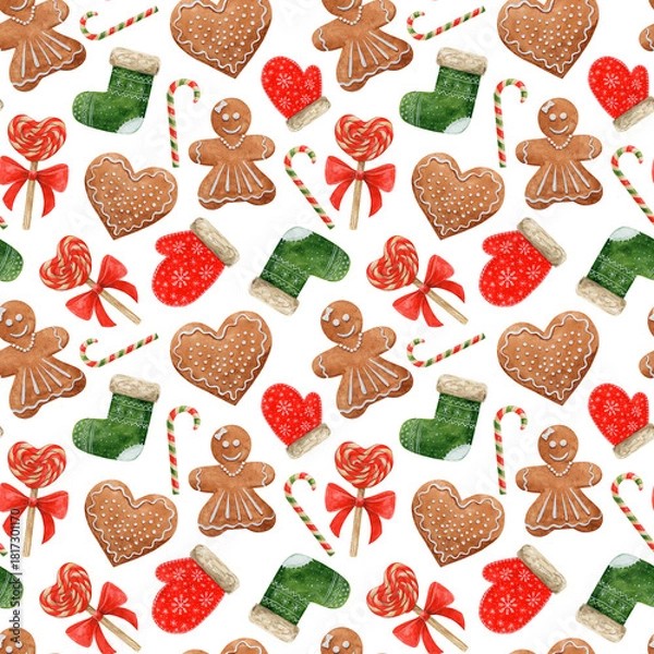 Fototapeta Christmas watercolor decor, seamless pattern. Hand painted holiday elements isolated on white background. Illustrations include candy canes, gingerbread, heart, mitten, sock.