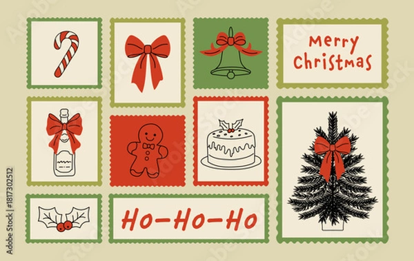 Fototapeta Hand-drawn winter holiday whimsical postage stamps with Christmas and New Year motifs, ideal for posters, postcards, mail art, and festive scrapbooking designs. Xmas doodle-style vector illustration.