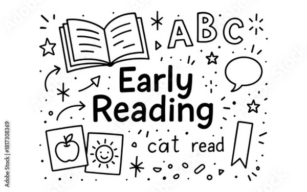 Fototapeta Early reading doodles with alphabet and books for kids learning