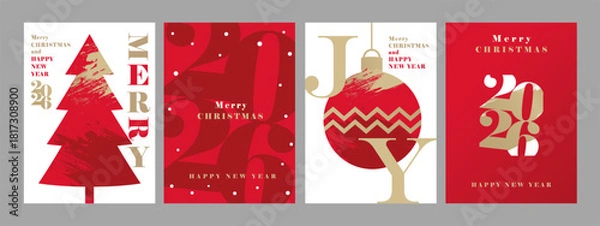 Obraz Set of covers design with Happy New Year 2026 and Christmas in red color. Modern holiday background with 2026 numbers, xmas tree and christmas ball. Vector illustration