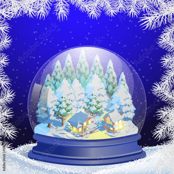 Fototapeta A magical winter snow globe featuring glowing cozy houses, snowy pine trees, falling snowflakes, and frosty branches on a deep blue background. Perfect for Christmas and holiday designs