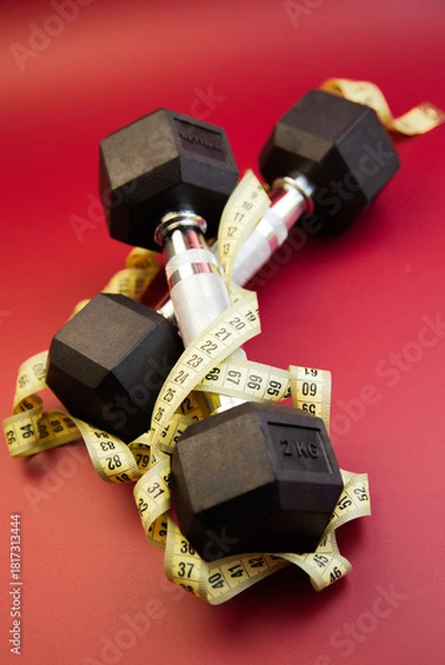 Fototapeta Dumbbells placed on a measuring tape, highlighting fitness and health themes, with a striking red background creating an energetic atmosphere