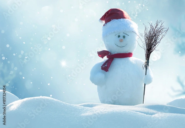 Fototapeta Merry christmas and happy new year greeting card .Cheerful snowman  standing in winter christmas landscape.
