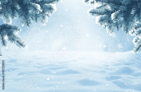 Fototapeta Winter background .Merry Christmas and happy New Year greeting card with copy-space. Christmas landscape with snow and fir tree