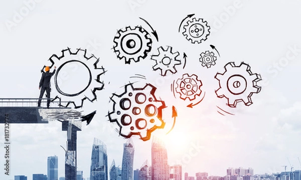 Fototapeta Businessman drawing teamwork conceptual scheme.