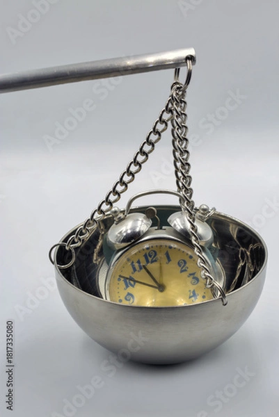 Fototapeta Alarm clock on metal balance scale closeup.