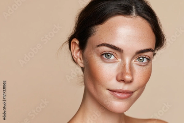 Obraz Smiling beauty portrait of a woman with natural freckles, bright green eyes, and sunkissed skin tone, looking directly at the camera against a warm beige background