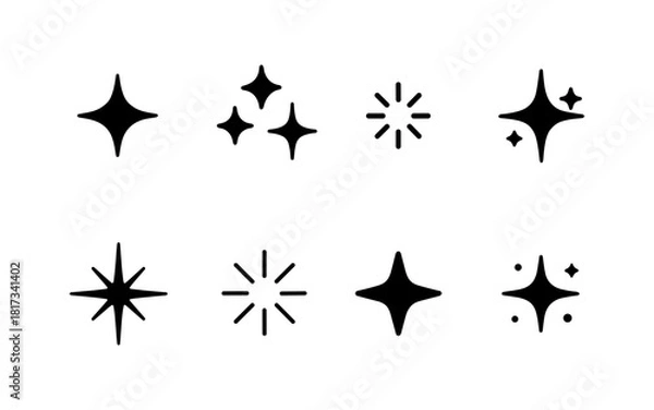 Fototapeta Minimalist set of black star sparkle and glitter icons in various shapes and styles