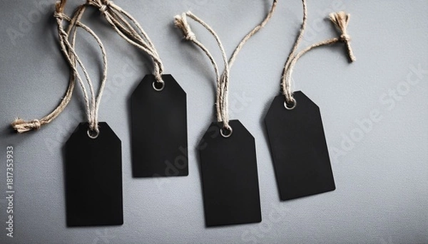 Fototapeta Four Blank Black Gift Tags With Twine Strings Mockup For Branding