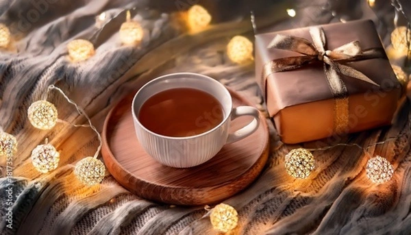Obraz A Cozy Setup Featuring A Warm Cup Of Tea A Gift Box And Twinkling Fairy Lights On A Knitted Blanket Creates An Inviting Atmosphere Perfect For Enjoying Peaceful Evenings During The Holiday Season