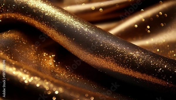 Fototapeta Glittering Gold Particles On Black Flowing Fabric Background