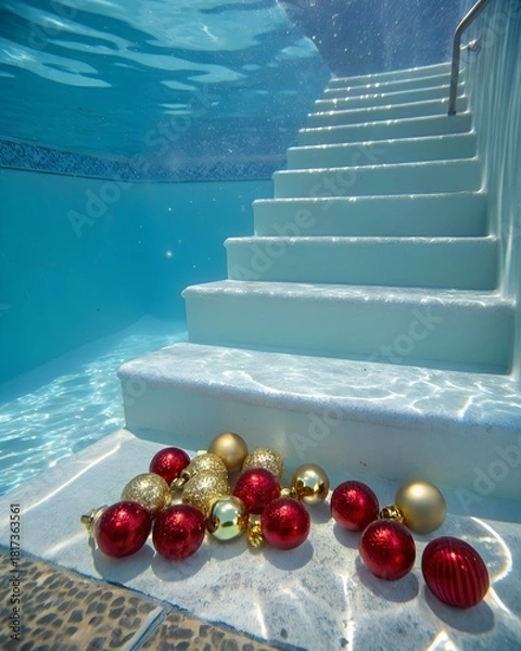 Fototapeta Underwater Christmas Ornaments on Pool Steps
