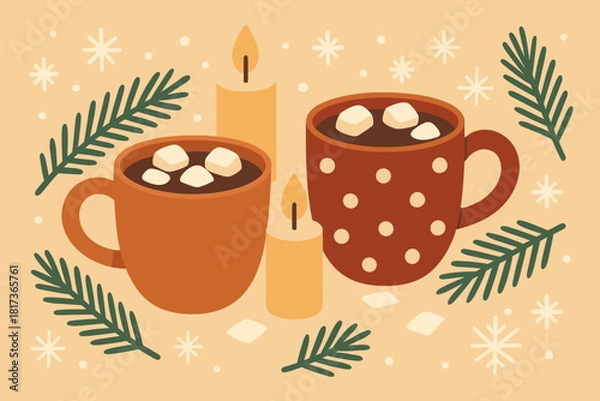 Fototapeta Snowflakes flat delight illustration pine cozy cocoa marshmallows holiday composition vector candles