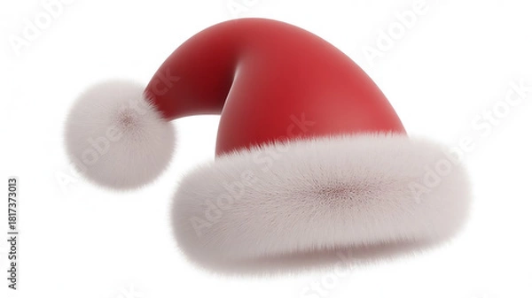 Fototapeta Festive Santa hat with fluffy white fur trim and soft red fabric in a cute 3D illustration style, perfect for Christmas artwork, winter themes, and holiday design projects