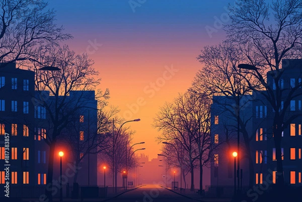 Fototapeta Empty city street with no people at sunset with orange sky reflecting on buildings