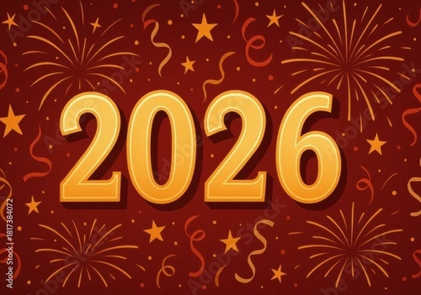 Fototapeta New year 2026 celebrating with fireworks and confetti