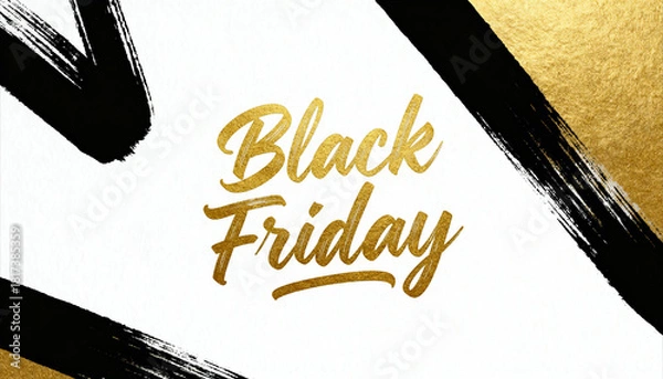 Fototapeta High resolution modern minimalist Black Friday greeting card with luxurious golden lettering on textured background with black and gold brush strokes, elegant promotional holiday design for banners