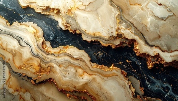 Obraz Abstract Swirling Marble Texture with Deep Blue and Golden Hues.