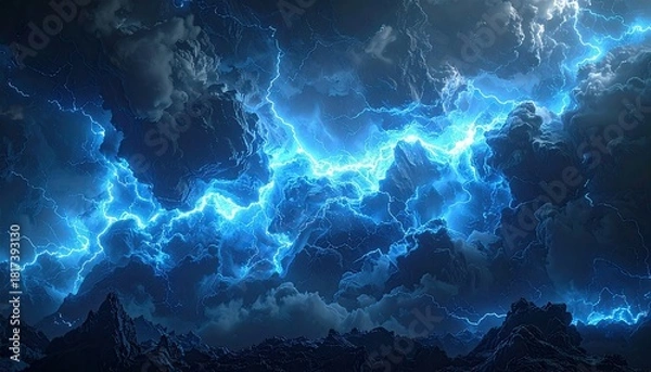 Obraz Dramatic Blue Lightning Storm Over Dark Mountains.