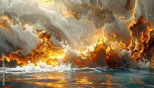 Obraz Dramatic Ocean Wave Crashing with Fiery Explosion Effect.